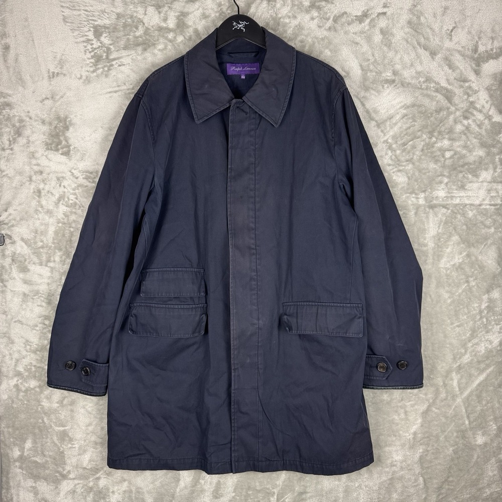 Purple Label Ralph Lauren Trench Coat Mens Large Romania Leather Trim Full Zip